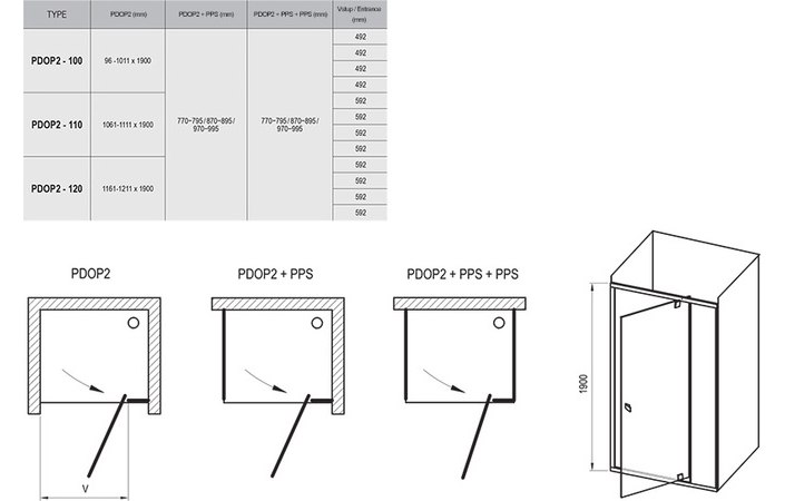 Душевые двери двухэлементные PDOP2-100 Transparent, (03GA0300Z1) RAVAK - Зображення 03GA0300Z1-2.jpg