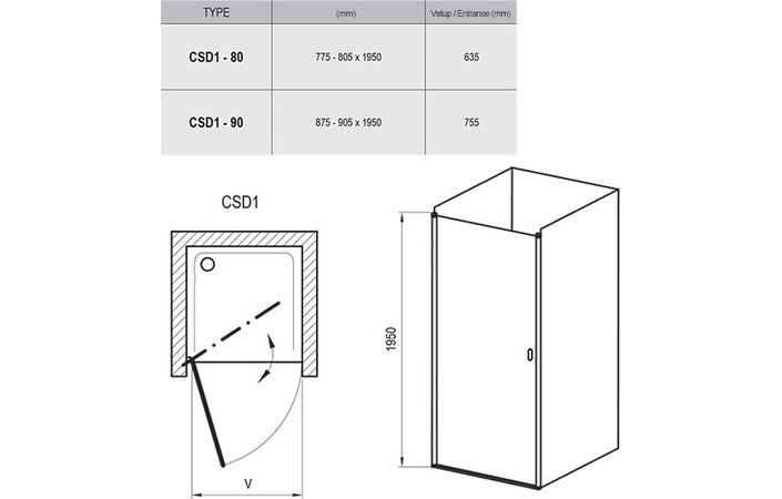 Душові двері одноелементні CHROME CSD1-90 Transparent, (0QV70100Z1) RAVAK - Зображення 0QV40100Z1-2.jpg