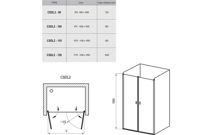 Душові двері двохелементні CSDL2-90 Transparent, (0QV7C10LZ1) RAVAK - Зображення 0QV7C10LZ1-2.jpg