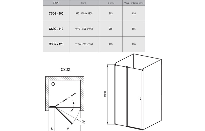 Душові двері двоелементні CHROME CSD2-120 Transparent, (0QVGCU00Z1) RAVAK - Зображення 3