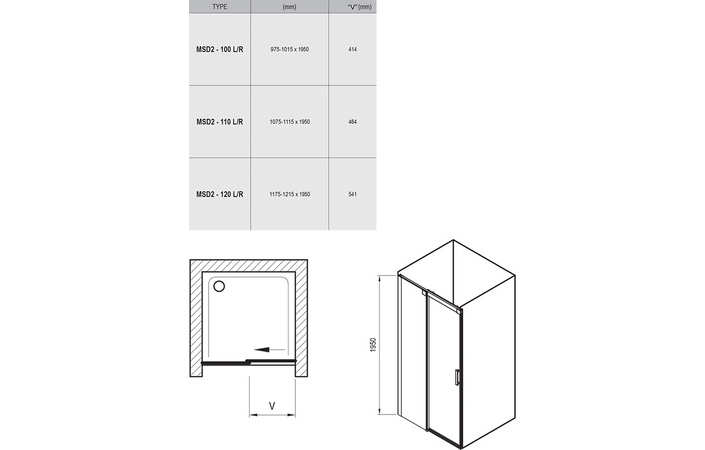 Душові двері двохелементні MSD2-100 L Transparent, (0WLA0U00Z1) RAVAK - Зображення 2