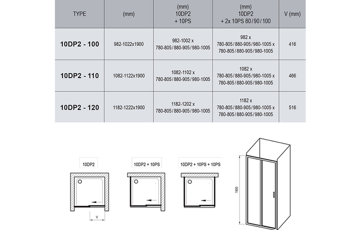 Душевые двери двухэлементные 10DP2-120 Transparent, RAVAK - Зображення 0ZVA0C00Z1-2.jpg