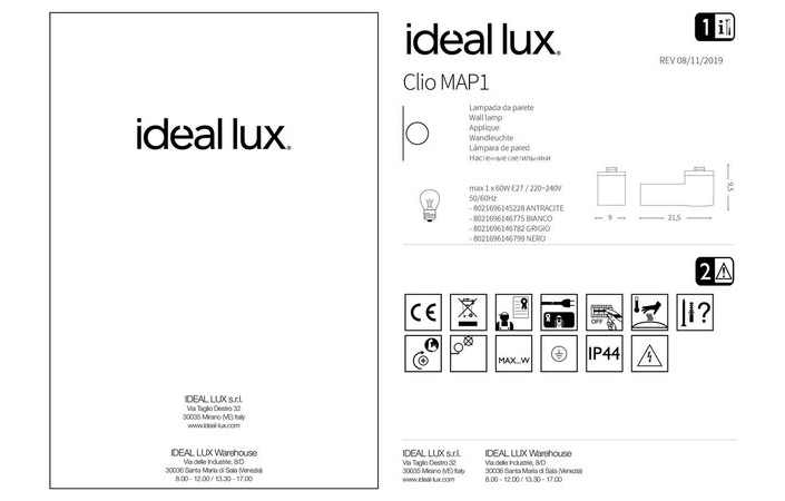 Світильник вуличний CLIO MAP1 GRIGIO (146782), IDEAL LUX - Зображення 146775_IS.jpg