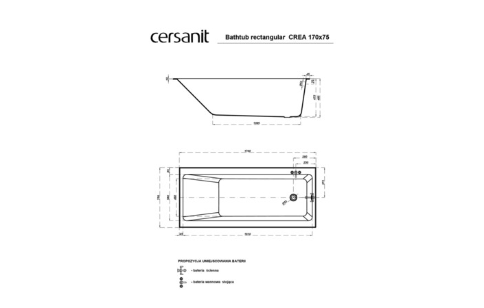 Ванна прямокутна Crea 170x75, Cersanit - Зображення 4