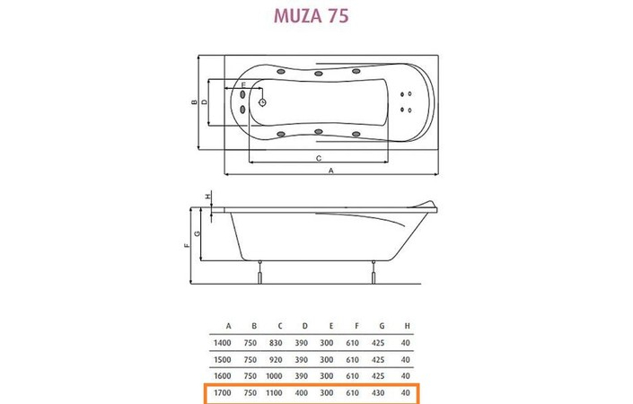 Ванна прямоугольная Muza 170х75, POOL SPA - Зображення 170105-143b8.jpg