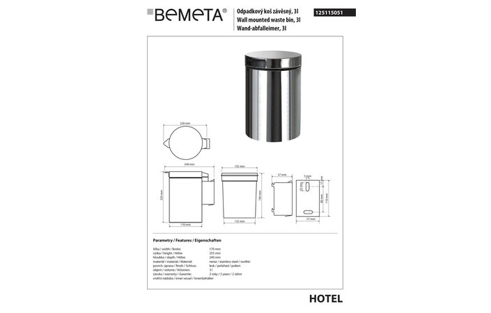 Відро для сміття підвісне 3 л Hotel (125115051), Bemeta - Зображення 182585-9b9d7.jpg