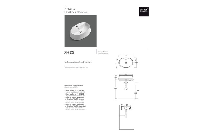 Умивальник SH 05 Sharp (SH05) Glossy white, SIMAS - Зображення 3