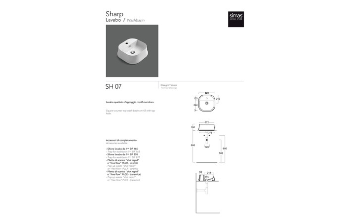 Умивальник SH 07 Sharp (SH07) Glossy white, SIMAS - Зображення 3