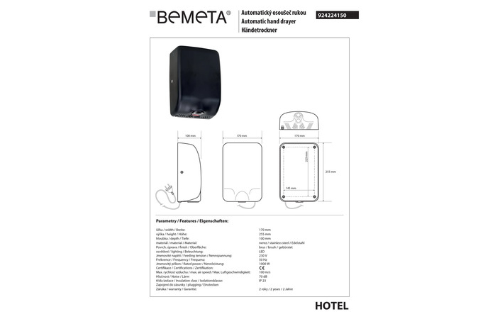Сушилка для рук автоматическая 1000 W Hotel (924224150), Bemeta - Зображення 1873502-9b72f.jpg