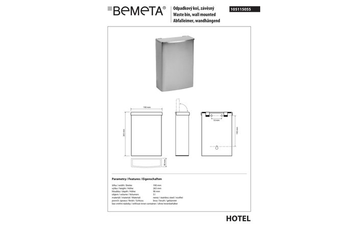 Відро для сміття підвісне 5 л Hotel (105115055), Bemeta - Зображення 1873542-55d8a.jpg