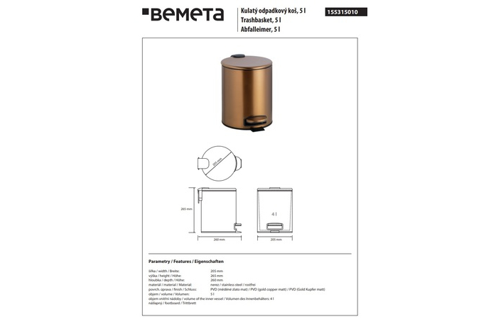Відро для сміття 5 л Amber 155315010 Bemeta - Зображення 215798464-0b70b.jpg