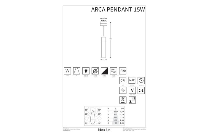 Трековий світильник ARCA PENDANT 15W 34° 3000K (222981), IDEAL LUX - Зображення 223063_IST.jpg