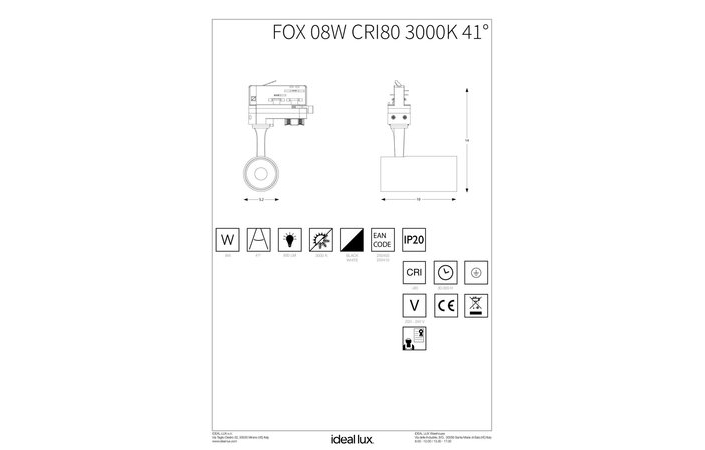 Трековий світильник FOX 08W CRI80 41° 3000K WH (250410), IDEAL LUX - Зображення 250410_IST_.jpg