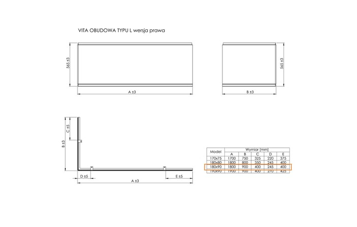 Панель для ванны L- образная правая Vita 180x90, Roca - Зображення 264214-7f674.jpg