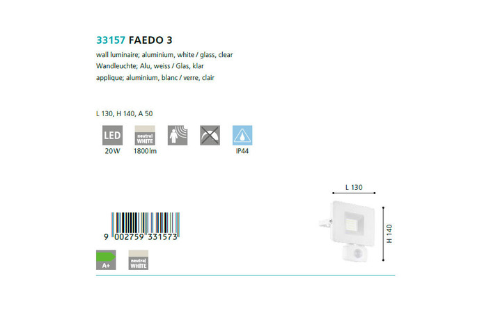 Світильник вуличний FAEDO 3 LED SENSOR 20W (33157), EGLO - Зображення 33157--.jpg