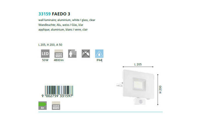 Світильник вуличний FAEDO 3 LED SENSOR 50W (33159), EGLO - Зображення 33159--.jpg