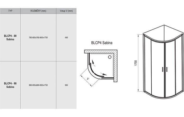 Душова кабіна напівкругла BLCP4-90 SABINA Transparent, (3B270140Z1) RAVAK - Зображення 3B240140Z1-2.jpg