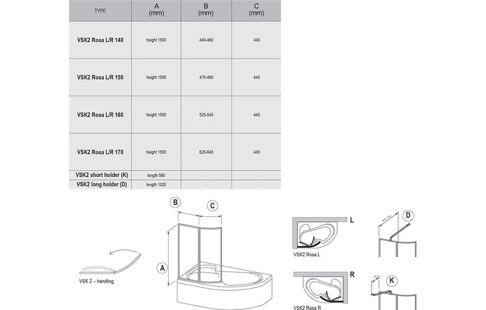 Шторка для ванни двохелементна VSK2 ROSA 150 L Transparent, (76P80100Z1) RAVAK - Зображення 76L7010041-1.jpg