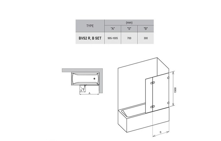 Шторка для ванни двохелементна BVS2-100 R Transparent, RAVAK - Зображення 7UPA0A00Z1-1.jpg