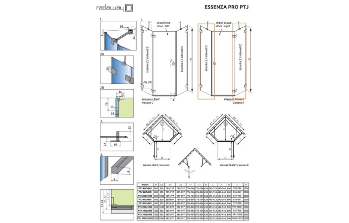 Комплект бокових стінок Essenza Pro PTJ 90 Z x 80 S, RADAWAY - Зображення Essenza-Pro-PTJ_xx.jpg