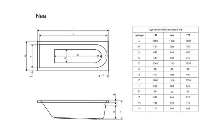 Ванна прямокутна з сифоном NEA 160x70 RADAWAY - Зображення Nea--.jpg