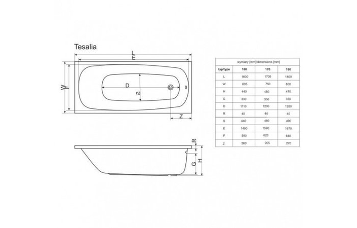 Ванна прямоугольная TESALIA 170x75, RADAWAY WA1-06-170x075U  - Зображення Tesalia--.jpg