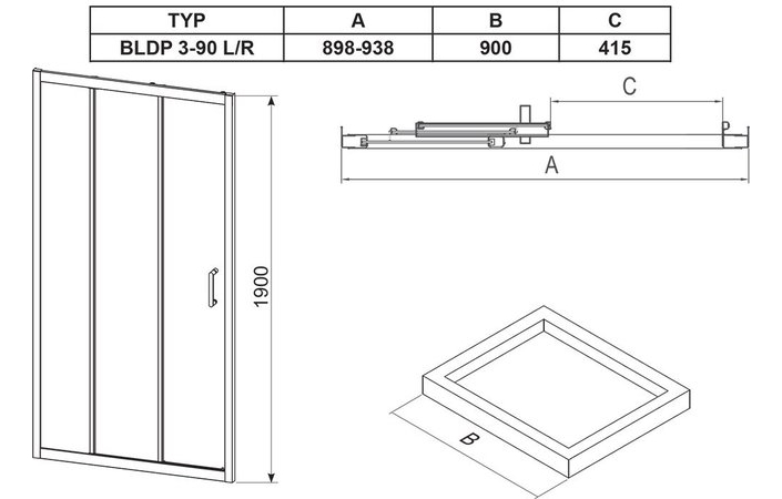 Душевые двери трехэлементные BLDP3-90 Transparent, RAVAK - Зображення X00H70C00Z1-2.jpg