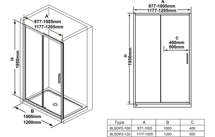 Душові двері двохелементні BLSDP2-100 Transparent, RAVAK - Зображення X0PMA0C00Z1-2.jpg