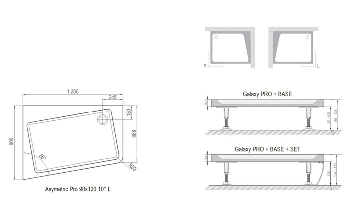 Панель душевого поддона левая ASYMETRIC PRO 120×90 SET L 10°, RAVAK - Зображення XA95G70101L-2.jpg