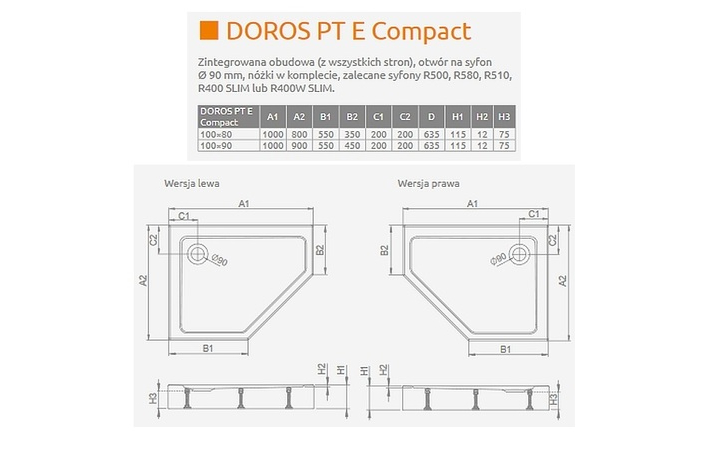 Душовий піддон Doros PT E Compact Stone White 100x90 см лівий, RADAWAY - Зображення doros-pt-e-compa.jpg