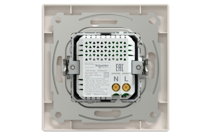 Подвійний зарядний пристрій USB, Asfora, тип A+C, 21 Вт, у комплекті, кремовий - Зображення shnider_EPH2700523_IOP-back_CL.jpg