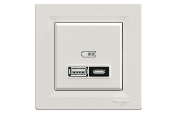 Подвійний зарядний пристрій USB, Asfora, тип A+C, 21 Вт, у комплекті, кремовий - Зображення shnider_EPH2700523_IOP-front_CL.jpg