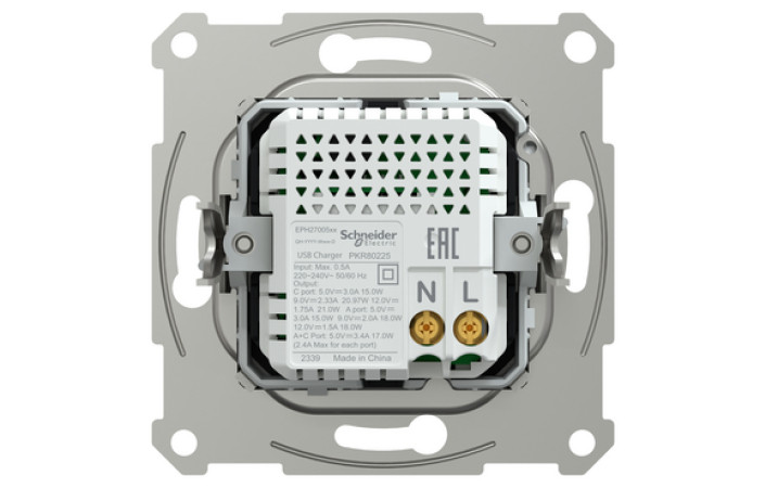 Подвійний зарядний пристрій USB, Asfora, тип A+C, 21 Вт, механізм з супортом, алюміній - Зображення shnider_EPH2700561_IOP-back_CL.jpg