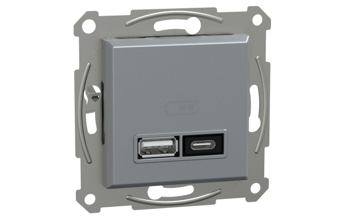 Подвійний зарядний пристрій USB, Asfora, тип A+C, 21 Вт, механізм з супортом, сталь - Зображення shnider_EPH2700562_IOP-Def_CL.jpg