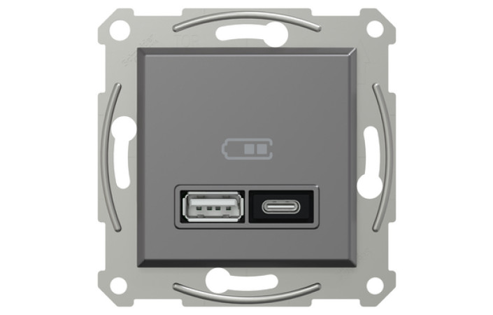 Подвійний зарядний пристрій USB, Asfora, тип A+C, 21 Вт, механізм з супортом, антрацит - Зображення shnider_EPH2700571_IOP-front_CL.jpg