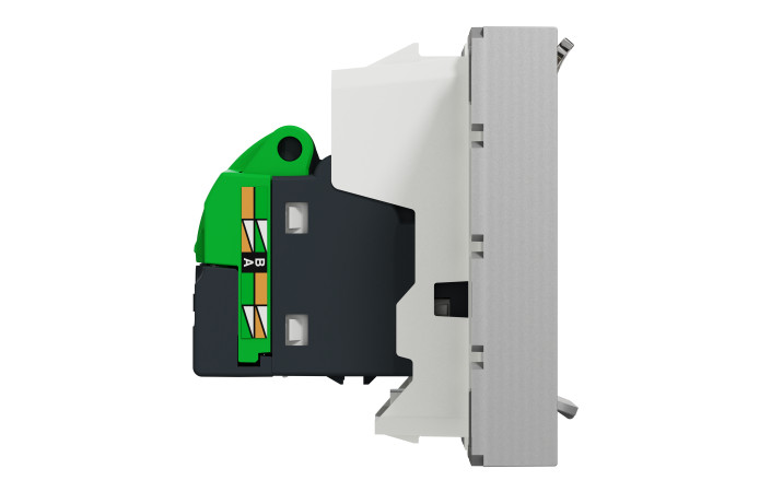 Розетка комп'ютерна RJ45, одинарна категорія 6 UTP, 2 модулі алюміній - Зображення shnider_NU341530_IOP-left_WD19.jpg