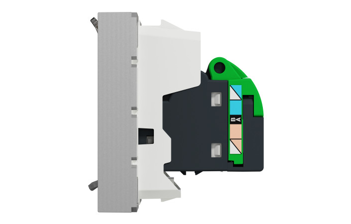 Розетка комп'ютерна RJ45, одинарна категорія 6 UTP, 2 модулі алюміній - Зображення shnider_NU341530_IOP-right_WD19.jpg