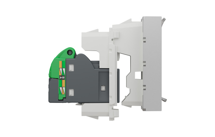 Розетка комп'ютерна RJ45, одинарна категорія 6 STP, 2 модулі алюміній - Зображення shnider_NU341730_IOP-left_WD19.jpg