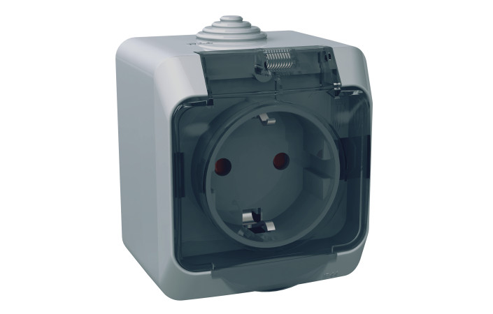 Розетка з заземленням та шторками IP44, з прозорою кришкою Cedar Plus, сіра - Зображення shnider_P90307.jpg