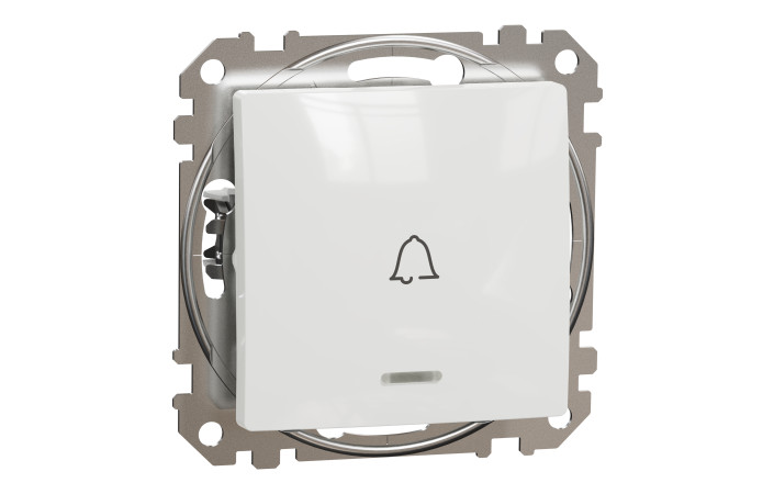 Вимикач кнопковий з символом ''Дзвоник'' з синьою підсвіткою, 10A, білий, Sedna Design - Зображення shnider_SDD111131L_IOP-def_WD20.jpg