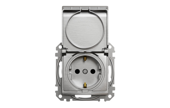 Розетка з заземленням, зі шторками та кришкою Матовий алюміній Sedna Elements - Зображення shnider_SDD170024_IOP-front_WD.jpg