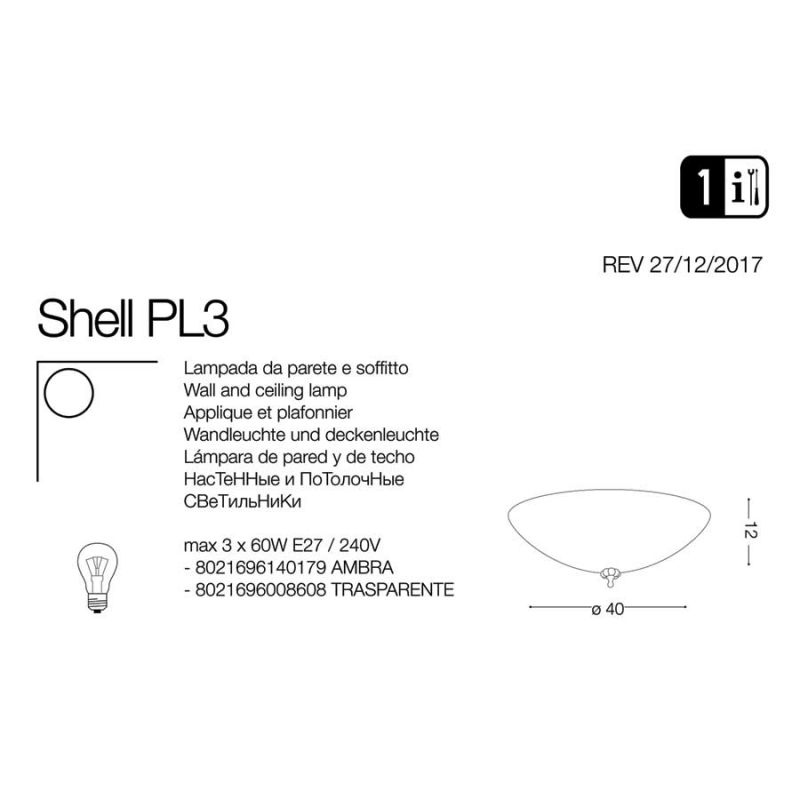 Світильник SHELL PL3 TRASPARENTE (008608), IDEAL LUX - Зображення 008608-.jpg