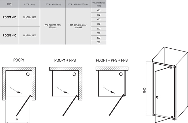 Душевые двери одноэлементные Pivot PDOP1-90 Transparent, (03G70100Z1) RAVAK - Зображення 03G40100Z1-2.jpg