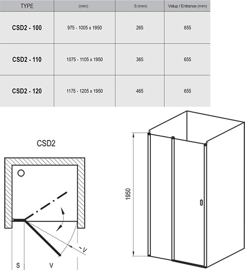 Душевые двери двухэлементные CHROME CSD2-120 Transparent, (0QVGCC00Z1) RAVAK - Зображення 0QVAC100Z1-2.jpg