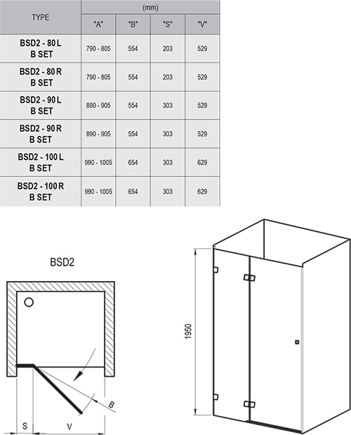 Душевые двери двухэлементные BRILLIANT BSD2-100 A-R Transparent, RAVAK - Зображення 0UL4AA00Z1-2.jpg