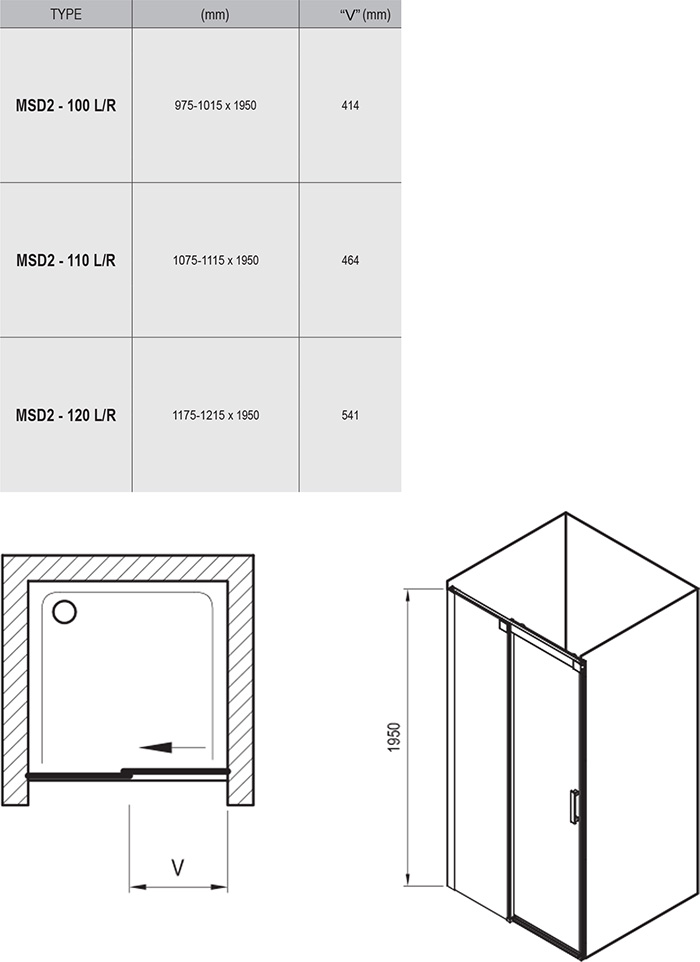 Душевые двери двухэлементные MSD2-110 L Transparent, (0WLD0100Z1) RAVAK - Зображення 0WLA0100Z1-2.jpg