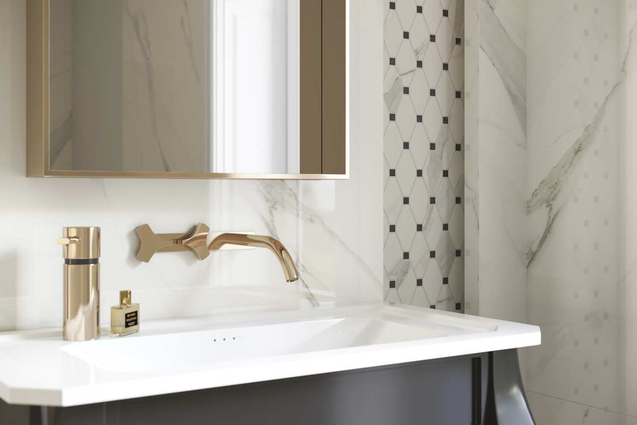 Плитка керамогранітна Calacatta RECT 898x898x9 Paradyz - Зображення 0d482-calacattawhite-poler-89-8x179-8_calacatta-mozaika-cieta-mix-poler-23-6x25-2_barro-nero-898x1798_detal.jpg