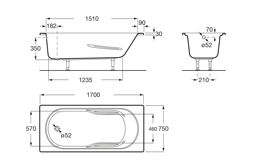 Ванна прямокутна Genova 170х75, Roca - Зображення 1204f-a248383000-genova-1700h750mm-vanna-nizhkiv.png