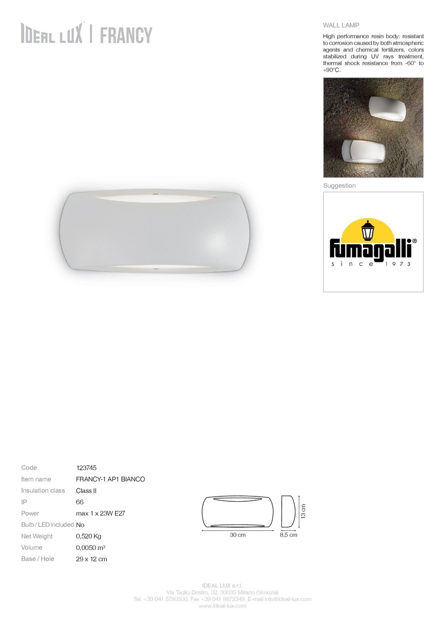 Світильник вуличний FRANCY-1 AP1 BIANCO (123745), IDEAL LUX - Зображення 123745_SC.jpg