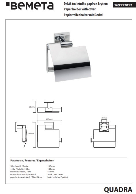 Тримач для туалетного паперу Quadra 169112012 Bemeta - Зображення 151297734-64d22.jpg